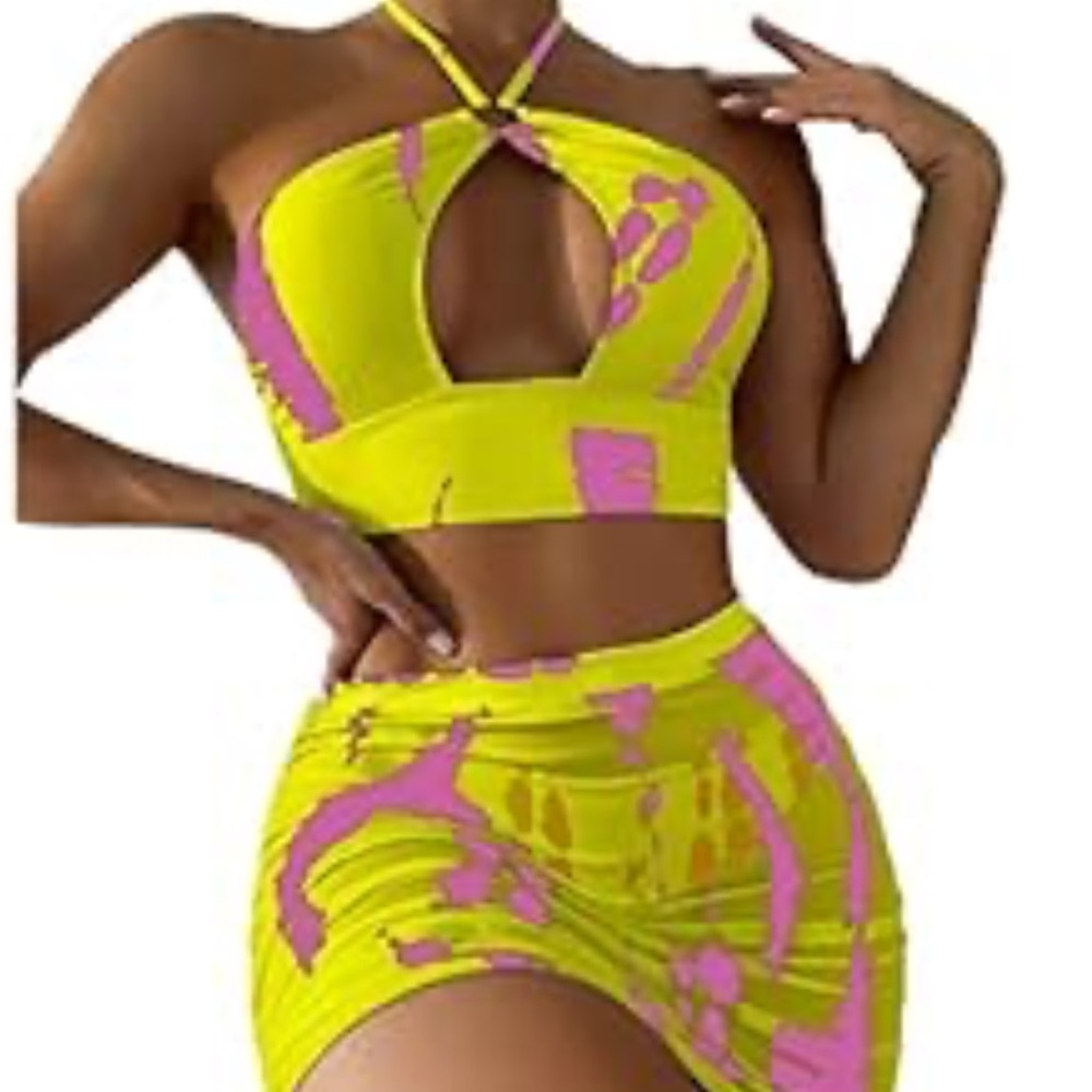 MakeMeChic 3 Piece Swimsuits Halter Cutout Bikini Bathing Suit with Cover Up